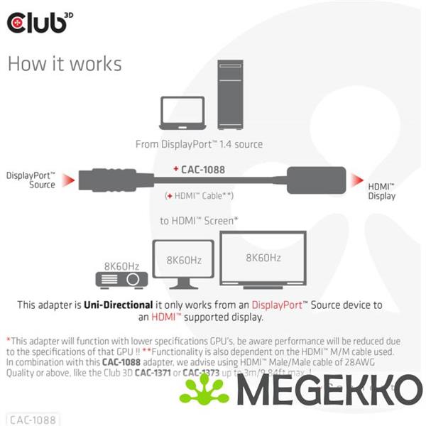 Grote foto club3d displayport1.4 to hdmi 4k120hz 8k60hz hdr active adapter m f computers en software overige computers en software