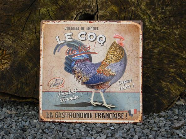 Grote foto prachtige metalen plaat met mooie kleuren en afbeelding van een trotse haan le coq. huis en inrichting woningdecoratie