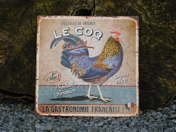 Grote foto prachtige metalen plaat met mooie kleuren en afbeelding van een trotse haan le coq. huis en inrichting woningdecoratie