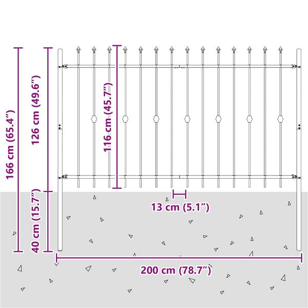 Grote foto vidaxl spike fence zwart 200 x 130 cm gepoedercoat staal tuin en terras hekken en schuttingen