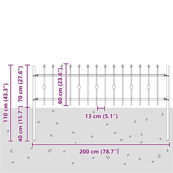 Grote foto vidaxl spike fence zwart 200 x 130 cm gepoedercoat staal tuin en terras hekken en schuttingen