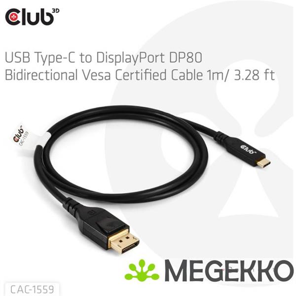 Grote foto club3d usb type c cable to dp 2.1 bi directional vesa dp80 certified cable m m 1m 3.28ft computers en software overige computers en software