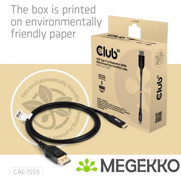 Grote foto club3d usb type c cable to dp 2.1 bi directional vesa dp80 certified cable m m 1m 3.28ft computers en software overige computers en software