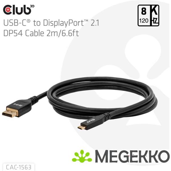 Grote foto club3d cac 1563 usb c to displayporttm 2.1 dp54 bi directional cable 8k120hz 2m 6.6ft computers en software overige computers en software