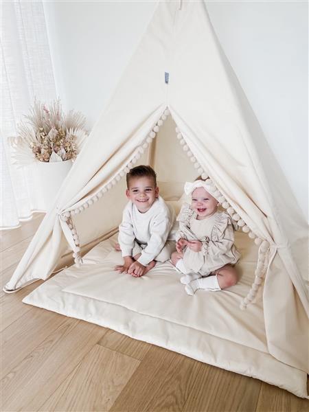 Grote foto tipi tent beige met pompons mat en kussens tipi met pompons 2 kussens en mat kinderen en baby overige