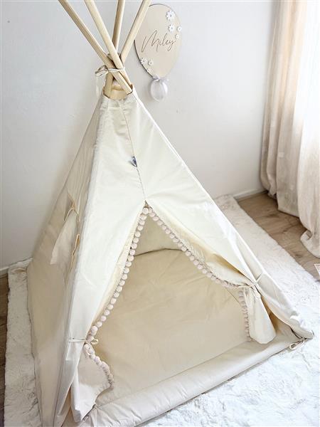 Grote foto tipi tent beige met pompons mat en kussens tipi met pompons 2 kussens en mat kinderen en baby overige