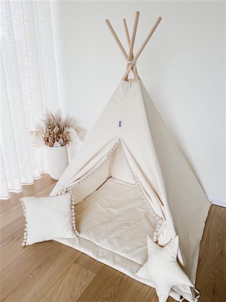 Grote foto tipi tent beige met pompons mat en kussens tipi met pompons 2 kussens en mat kinderen en baby overige