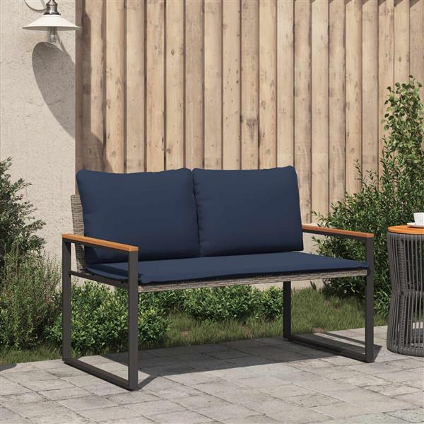 Grote foto vidaxl bank met kussen grijs en marineblauw 115 x 65 x 72 cm rattan tuin en terras tuinmeubelen