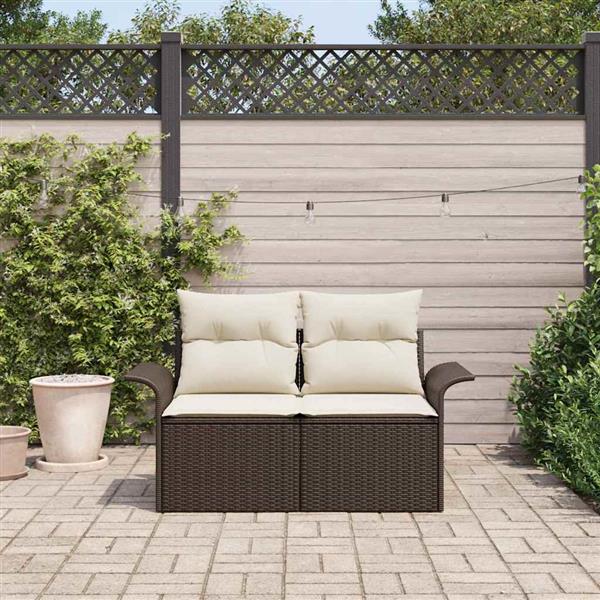 Grote foto vidaxl tuinbank met kussen bruin 141 x 62 x 69cm poly rattan tuin en terras tuinmeubelen