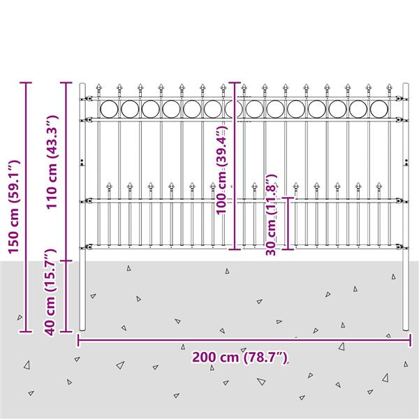 Grote foto vidaxl spike ring hek zwart 200 x 150 cm gepoedercoat staal tuin en terras hekken en schuttingen