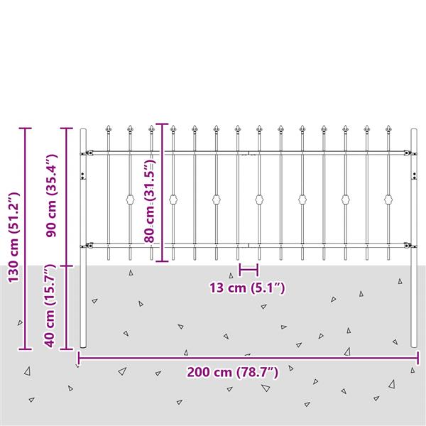 Grote foto vidaxl spike fence zwart 200 x 130 cm gepoedercoat staal tuin en terras hekken en schuttingen