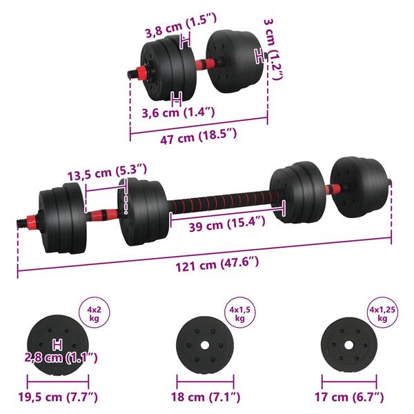 Grote foto vidaxl 2 in 1 halter barbell set 30kg zwart en rood sport en fitness fitness