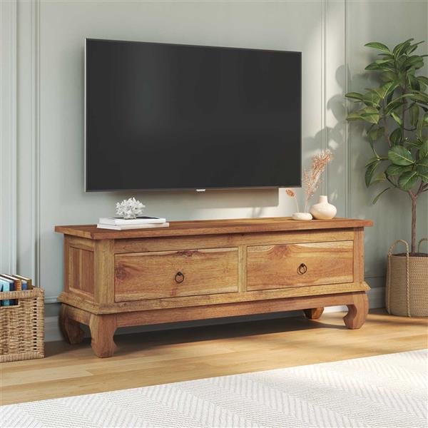 Grote foto vidaxl tv standaard met lade naturel 110 x 35 x 40 cm massief teakhout huis en inrichting overige