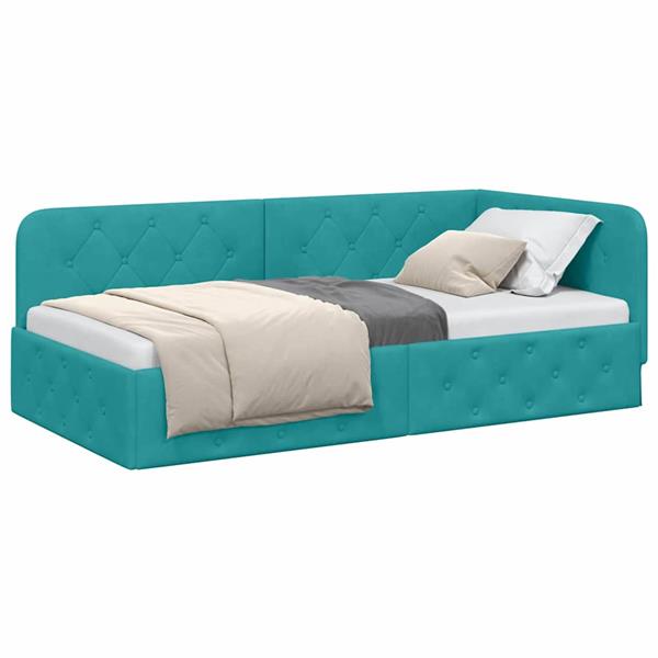 Grote foto vidaxl hoekbedframe met hoofdeinde turquoise 90 x 190 cm fluweel antiek en kunst stoelen en banken