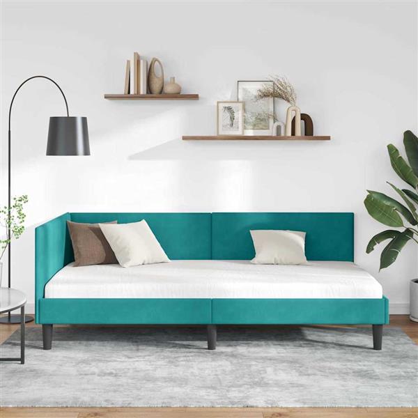 Grote foto vidaxl hoekbedframe turquoise 90 cm x 190 cm polyester en multiplex antiek en kunst stoelen en banken