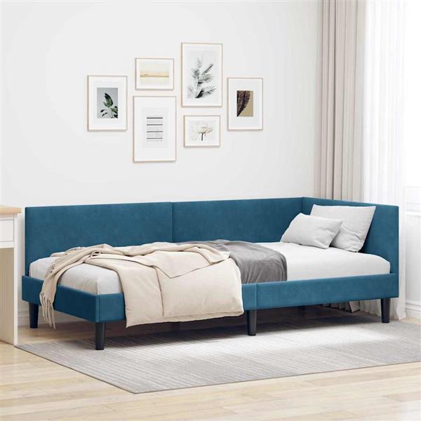 Grote foto vidaxl hoekbedframe blauw 90 cm x 190 cm polyester en multiplex antiek en kunst stoelen en banken