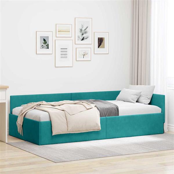 Grote foto vidaxl hoekbedframe turquoise 90 cm x 200 cm polyester en multiplex antiek en kunst stoelen en banken