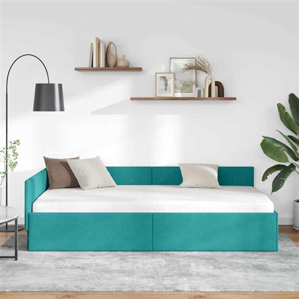 Grote foto vidaxl hoekbedframe turquoise 90 cm x 200 cm polyester en multiplex antiek en kunst stoelen en banken