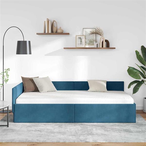 Grote foto vidaxl hoekbedframe blauw 90 cm x 190 cm polyester en multiplex antiek en kunst stoelen en banken