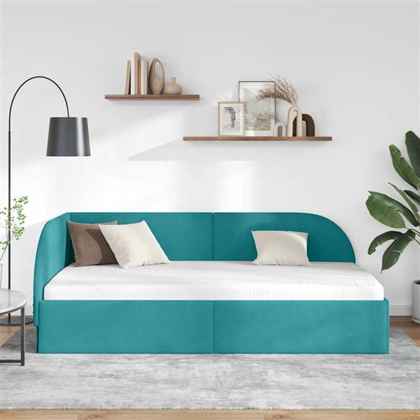 Grote foto vidaxl hoekbedframe turquoise 90 cm x 200 cm polyester en multiplex antiek en kunst stoelen en banken
