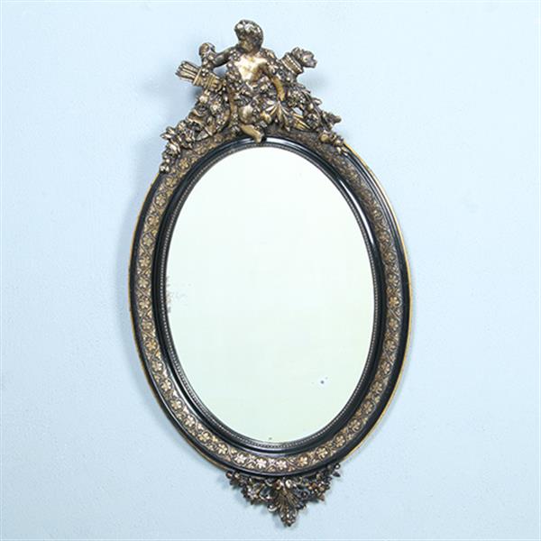 Grote foto ovale spiegel in zwart met zilver bekroond door cupido met pijlen en toorts no.362705 antiek en kunst spiegels