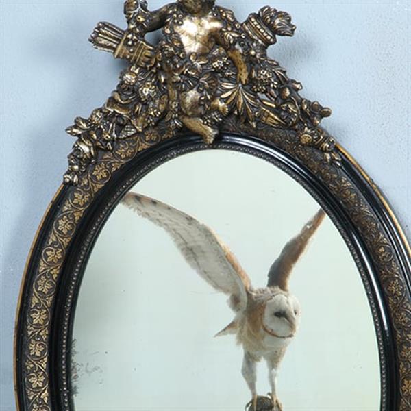 Grote foto ovale spiegel in zwart met zilver bekroond door cupido met pijlen en toorts no.362705 antiek en kunst spiegels