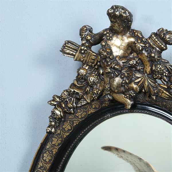 Grote foto ovale spiegel in zwart met zilver bekroond door cupido met pijlen en toorts no.362705 antiek en kunst spiegels