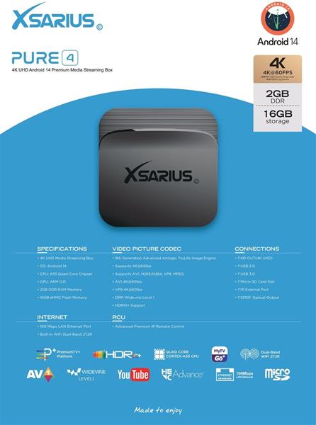 Grote foto xsarius pure 4 uhd 4k android 14 media player telecommunicatie zenders en ontvangers
