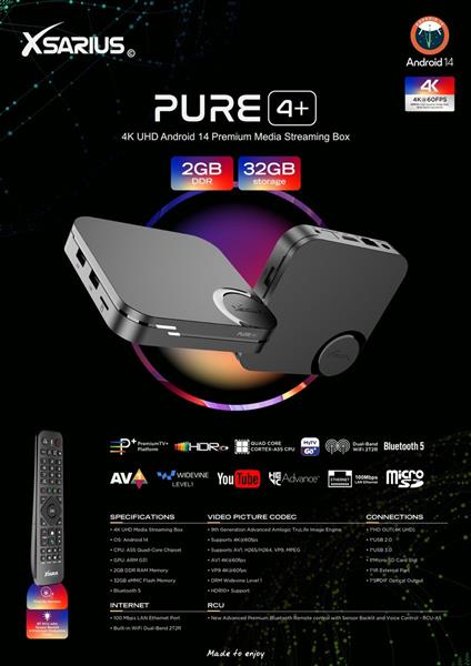 Grote foto xsarius pure 4 uhd plus versie 4k android 14 media player telecommunicatie zenders en ontvangers