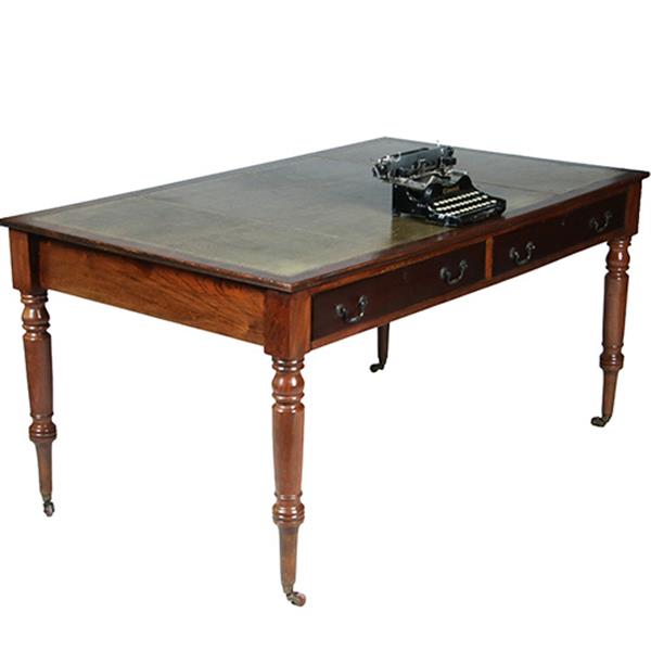 Grote foto engelse mahonie schrijftafel met groen leer en twee laden ca 1880 no.381260 antiek en kunst stoelen en banken
