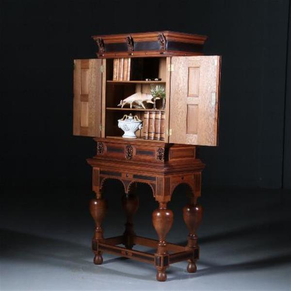 Grote foto antieke kast hollands tafelkastje driezijdig zeer fraai in eiken met ebbenhout ca.1870. no.5507 antiek en kunst stoelen en banken