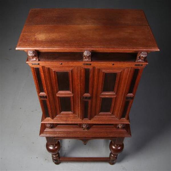Grote foto antieke kast hollands tafelkastje driezijdig zeer fraai in eiken met ebbenhout ca.1870. no.5507 antiek en kunst stoelen en banken