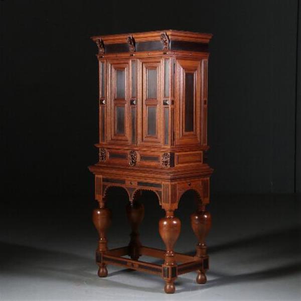 Grote foto antieke kast hollands tafelkastje driezijdig zeer fraai in eiken met ebbenhout ca.1870. no.5507 antiek en kunst stoelen en banken