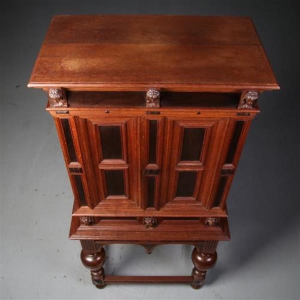 Grote foto antieke kast hollands tafelkastje driezijdig zeer fraai in eiken met ebbenhout ca.1870. no.5507 antiek en kunst stoelen en banken