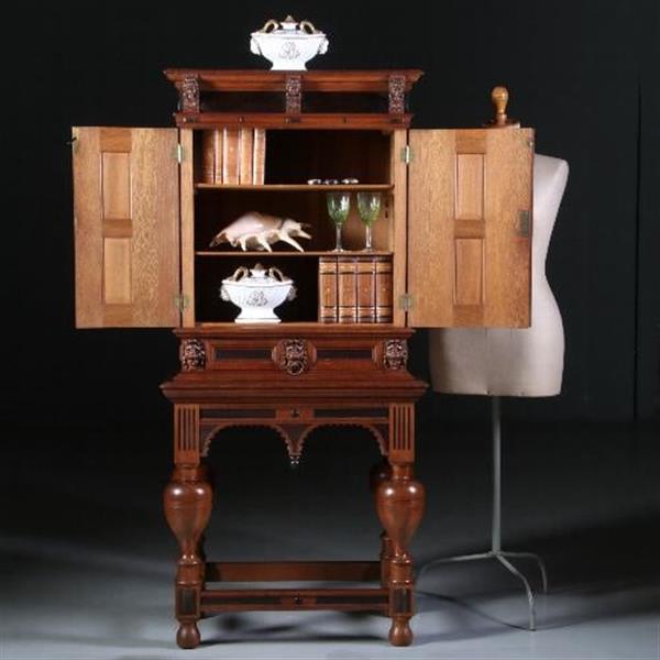 Grote foto antieke kast hollands tafelkastje driezijdig zeer fraai in eiken met ebbenhout ca.1870. no.5507 antiek en kunst stoelen en banken
