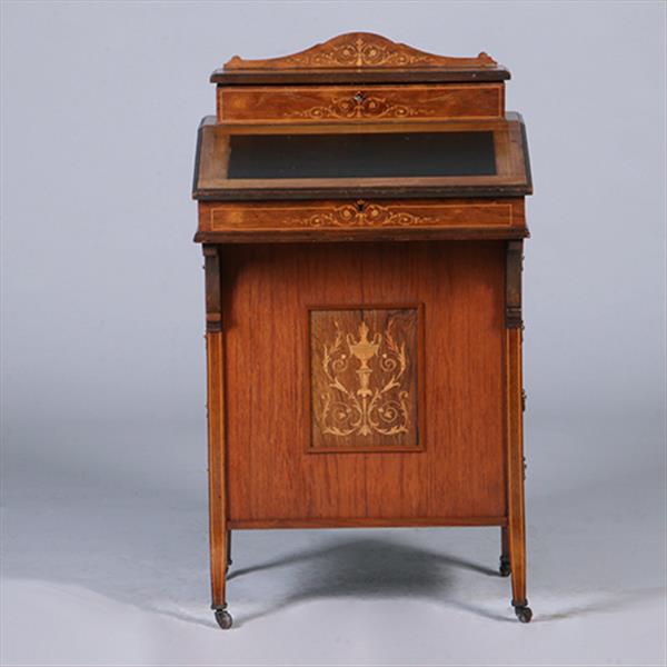 Grote foto engelse notenhouten davenport ca 1880 met blond inlegwerk en div vakjes no.381225 antiek en kunst overige in antiek gebruiksvoorwerpen