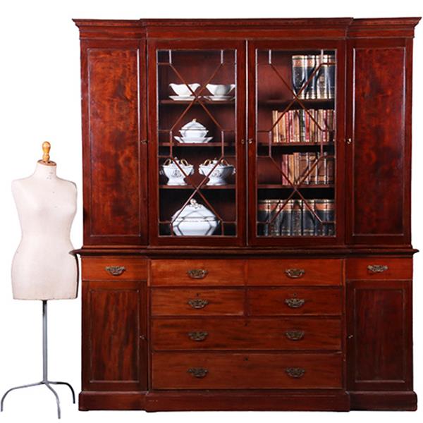 Grote foto engels mahonie breakfront bibliotheek of porseleinkast met schrijfklep no.381235 antiek en kunst stoelen en banken