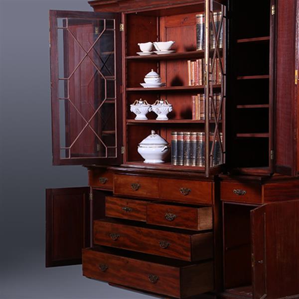 Grote foto engels mahonie breakfront bibliotheek of porseleinkast met schrijfklep no.381235 antiek en kunst stoelen en banken