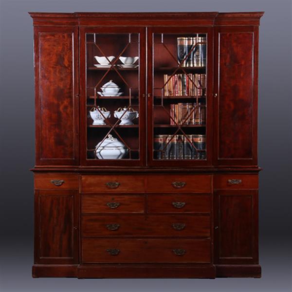 Grote foto engels mahonie breakfront bibliotheek of porseleinkast met schrijfklep no.381235 antiek en kunst stoelen en banken