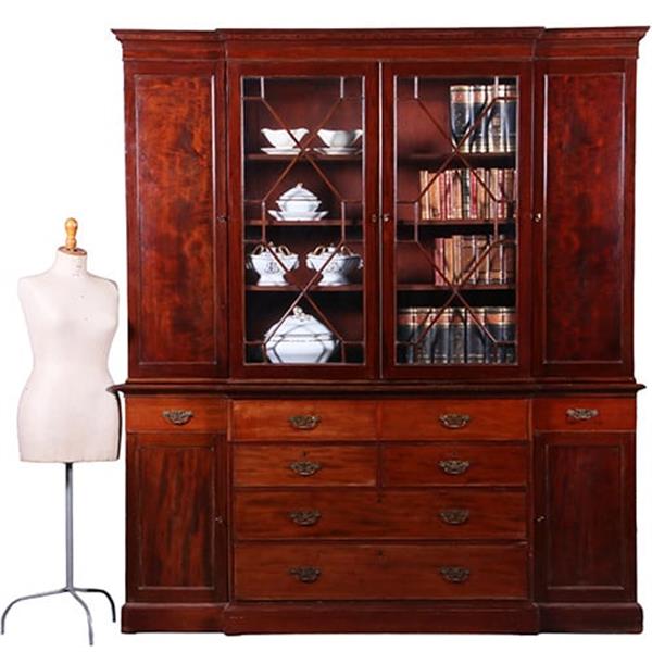 Grote foto engels mahonie breakfront bibliotheek of porseleinkast met schrijfklep no.381235 antiek en kunst stoelen en banken