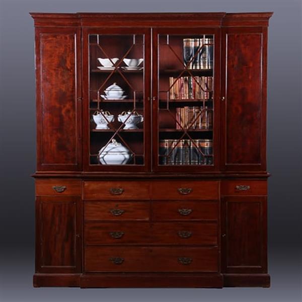 Grote foto engels mahonie breakfront bibliotheek of porseleinkast met schrijfklep no.381235 antiek en kunst stoelen en banken