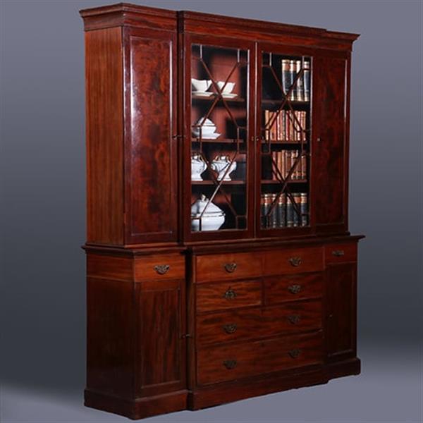 Grote foto engels mahonie breakfront bibliotheek of porseleinkast met schrijfklep no.381235 antiek en kunst stoelen en banken