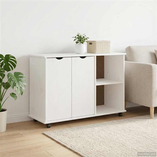 Grote foto vidaxl rolling kast met wiel wit 100 x 39 x 65 5 cm massief vurenhout huis en inrichting overige