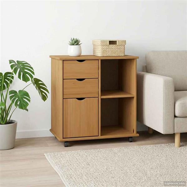 Grote foto vidaxl rolling kast honingbruin 63 5 x 39 x 65 5 cm massief vurenhout huis en inrichting overige