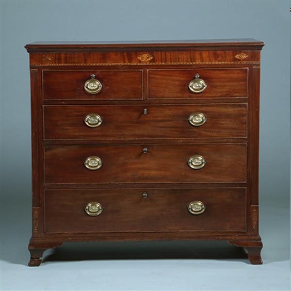 Grote foto welse commode met 5 laden in mahonie en eik met ingelegde details ca 1800 no.381250 antiek en kunst stoelen en banken