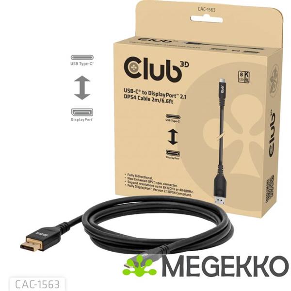 Grote foto club3d cac 1563 usb c to displayporttm 2.1 dp54 bi directional cable 8k120hz 2m 6.6ft computers en software overige computers en software