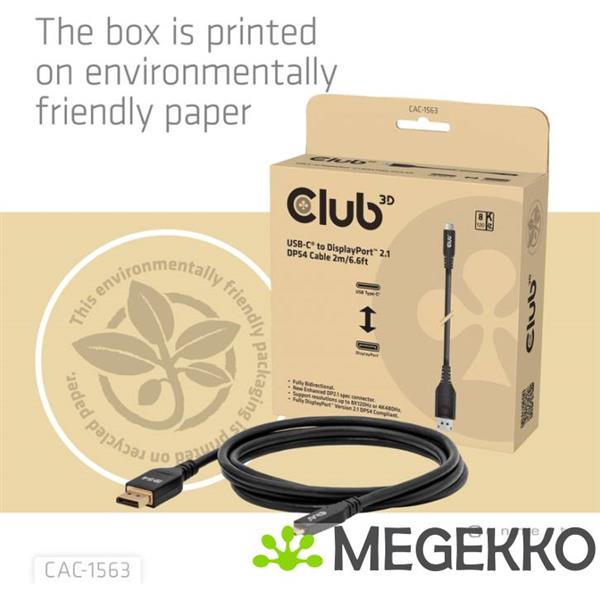 Grote foto club3d cac 1563 usb c to displayporttm 2.1 dp54 bi directional cable 8k120hz 2m 6.6ft computers en software overige computers en software