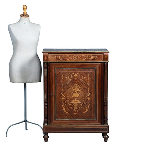 Grote foto oogstrelend wortelnoten intarsia 1 deurs kastje met marmer bovenblad ca 1870 no.362940 antiek en kunst stoelen en banken