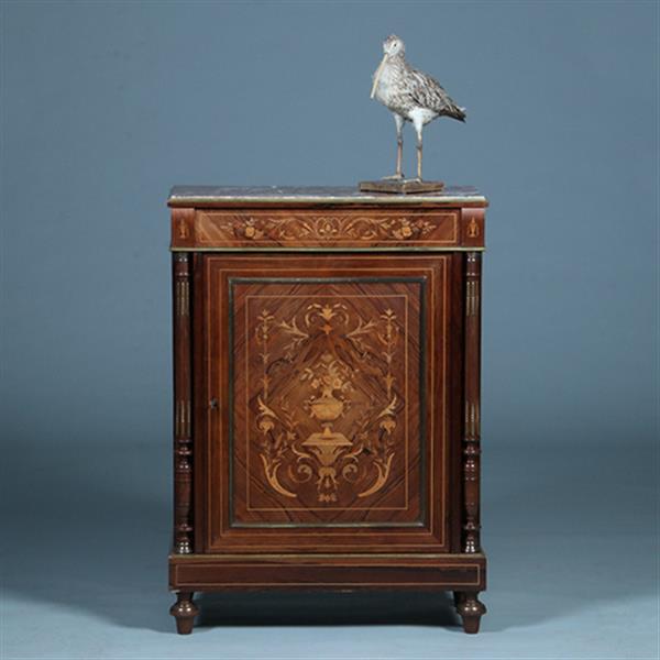 Grote foto oogstrelend wortelnoten intarsia 1 deurs kastje met marmer bovenblad ca 1870 no.362940 antiek en kunst stoelen en banken