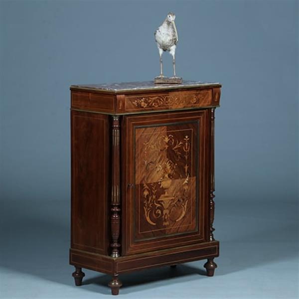 Grote foto oogstrelend wortelnoten intarsia 1 deurs kastje met marmer bovenblad ca 1870 no.362940 antiek en kunst stoelen en banken